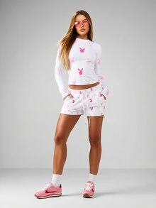 Missguided x Playboy Bunny Print Drawstring Shorts Soft Loungewear Summer Casual Relaxed Fit - White - View 4