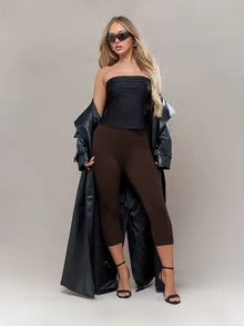 MISSGUIDED 高腰巧克力棕色七分紧身裤，九分裤长，时尚休闲裤，舒适弹力柔软面料，日常必备基础款 - 棕色 - 查看 4