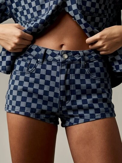 MISSGUIDED Pantalones cortos de mezclilla a cuadros para el verano, pantalones cortos mini a cuadros retro para festivales, pantalones cortos casuales de estilo callejero Y2K vintage, cintura alta para el verano