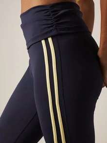 MISSGUIDED Quần thể thao ống loe màu xanh hải quân với sọc vàng bên hông, cạp cao, cạp gập, trang phục thể thao năng động, kiểu ống rộng, thích hợp cho tập luyện. - Màu xanh lam - Xem 5