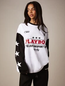 Missguided x Playboy Motorsport Graphic Long Sleeve Oversized T-Shirt With Color Block Star Sleeves And Crew Neck - Black and White - View 1