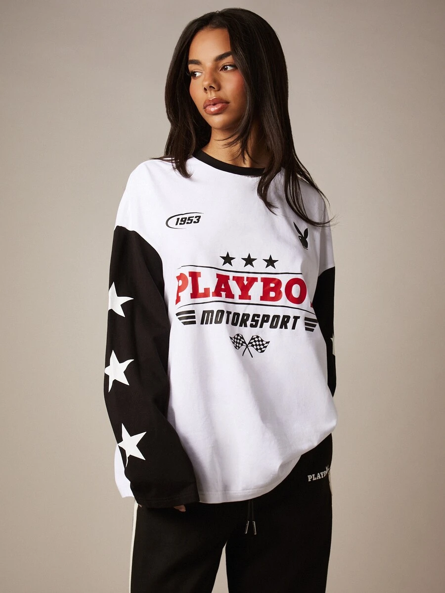 Missguided x Playboy Motorsport Graphic Long Sleeve Oversized T-Shirt With Color Block Star Sleeves And Crew Neck - Black and White - View 1