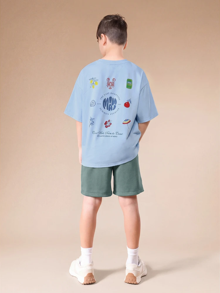 Conjunto de Duas Peças Oversized de Ajuste Relaxado para Pré-Adolescentes, Camiseta de Manga Curta Combinando com Shorts de Cintura Elástica com Cordão, Conjunto Casual de Verão Coordenado