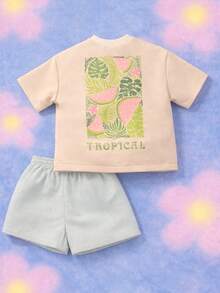 SUMWON Tropical Print Tshirt And Shorts Coord Set With Watermelon Pattern Short Sleeve Crew Neck Summer Outfit - Yellow - View 1