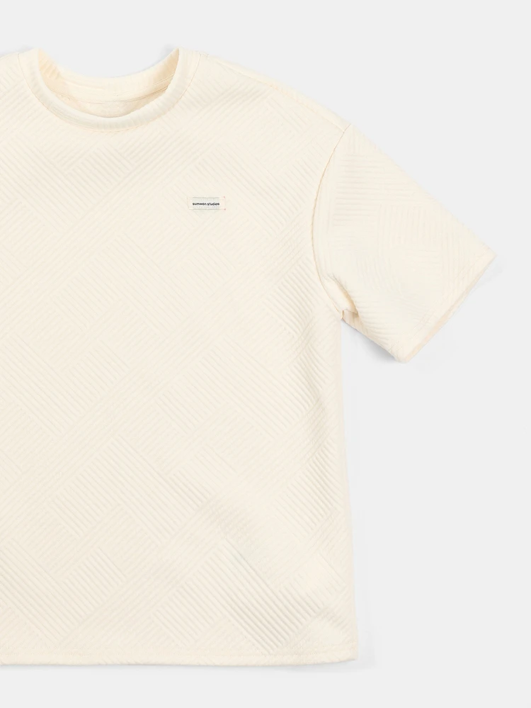 Maglietta casual a girocollo a maniche corte con motivo jacquard, vestibilità regular, per ragazzi, adatta per l'uso quotidiano in primavera ed estate