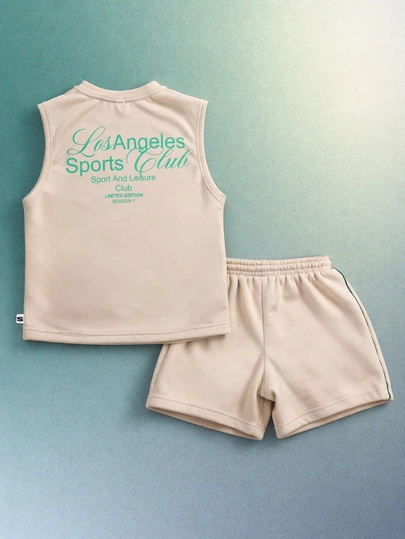 SUMWON Beige Tank Top And Shorts Two Piece Set With Los Angeles Sports Club Print Crew Neck Sleeveless Summer Casual Co-Ord Outfit