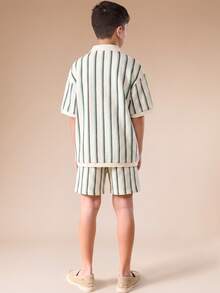 SUMWON Crochet Striped Polo Co-Ord Set Summer Lightweight Breathable Comfortable Casual Tween Collection Short Sleeve Collar Button Front - Mint Green - View 2