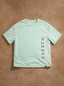 SUMWON Oversized Boys Short Sleeve Crewneck Letter Print T Shirt With Vertical Side Text Design Casual Summer Top - Blue - View 1