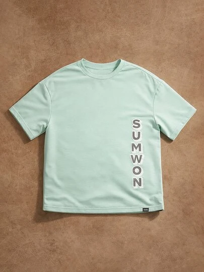 SUMWON Oversized Boys Short Sleeve Crewneck Letter Print T Shirt With Vertical Side Text Design Casual Summer Top