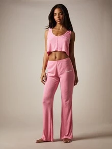 Missguided x Playboy 罗纹镂空吊带背心和阔腿裤睡衣套装，家居服，柔软圆领背心，休闲睡衣套装 - 玫紅色 - 查看 1