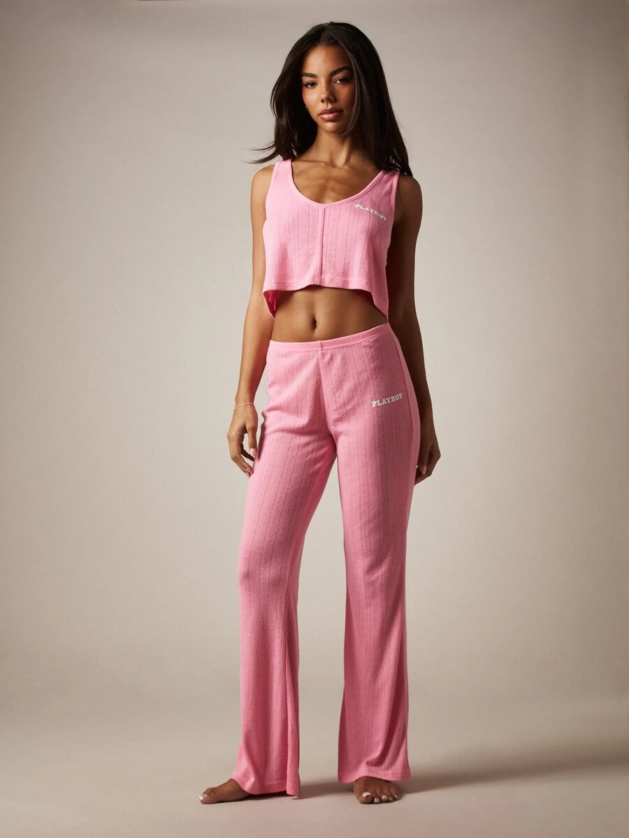 Missguided x Playboy 罗纹镂空吊带背心和阔腿裤睡衣套装，家居服，柔软圆领背心，休闲睡衣套装 - 玫紅色 - 查看 1