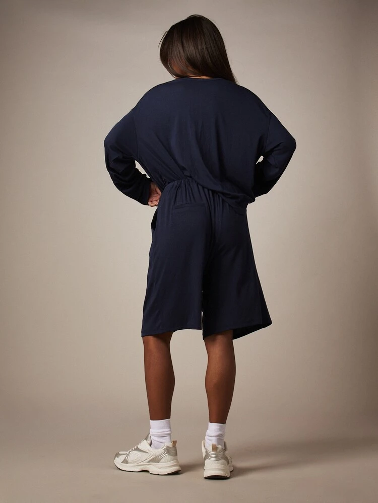 MISSGUIDED Navy Long Sleeve Top And Bermuda Short Set
