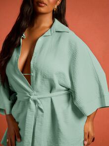 FASHION SZN Plus Size Linen Look Belted Shirt Relaxed Fit Casual Summer Outfit Vacation Cool Chic Elegant Plus Size Blouse - Mint Green - View 6