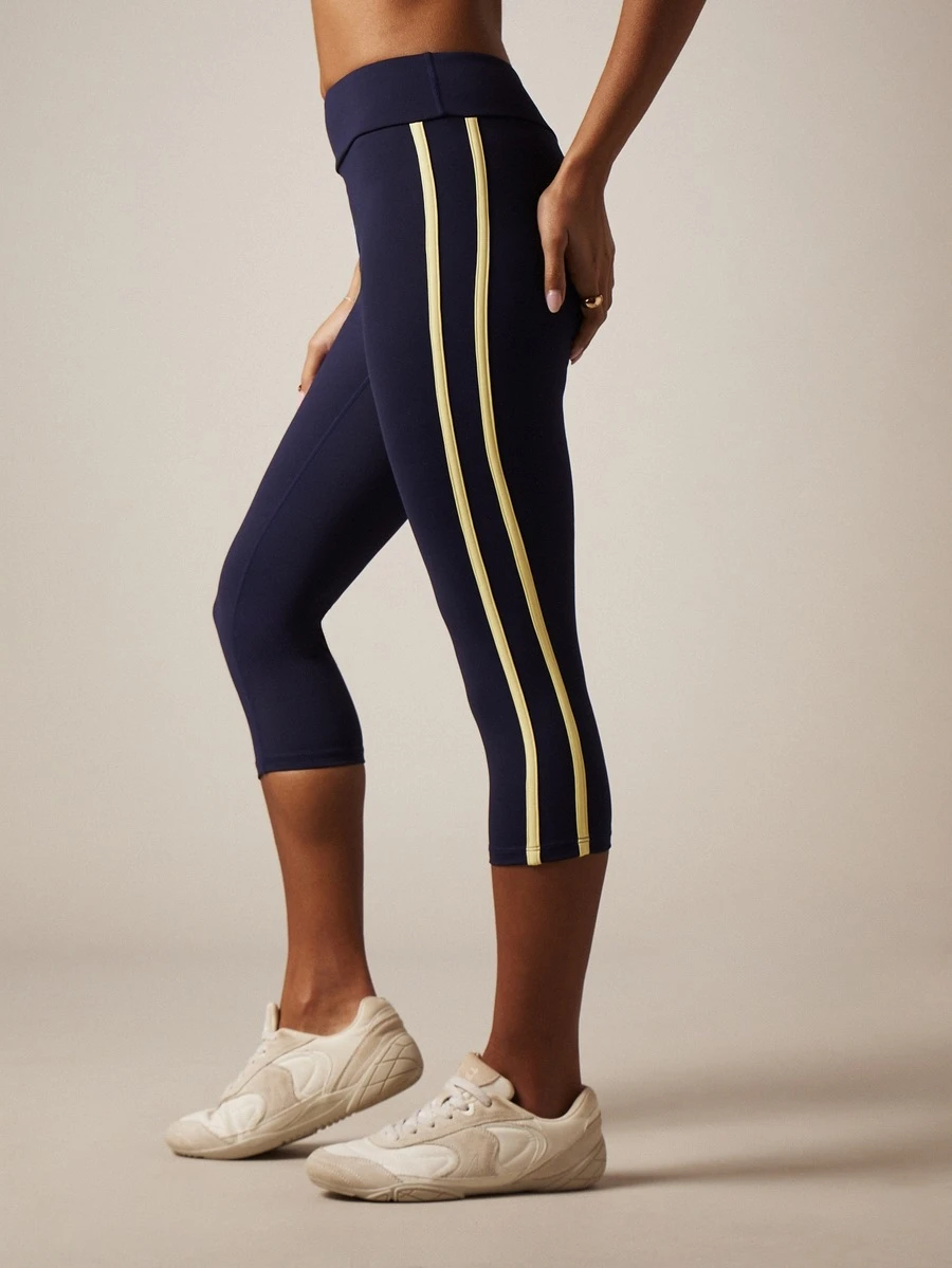 MISSGUIDED 侧边条纹高腰运动紧身裤，瑜伽裤，七分运动裤，适合健身房、跑步等运动。 - 藍色 - 查看 1