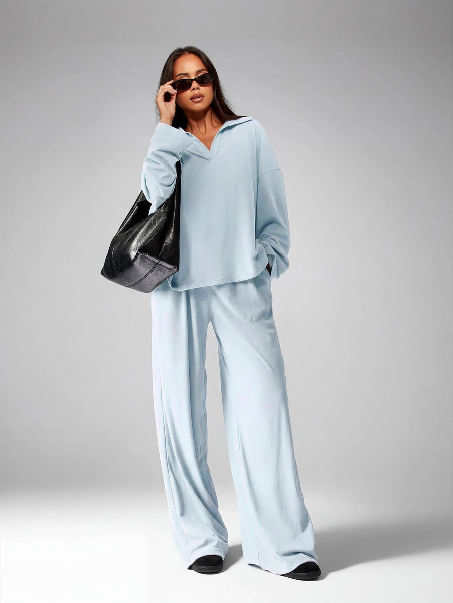 MISSGUIDED Conjunto a juego de top de manga larga y pantalón de pierna ancha de tela suave y tacto agradable en color azul claro, conjunto informal de dos piezas coordinado - Azul - Ver 1