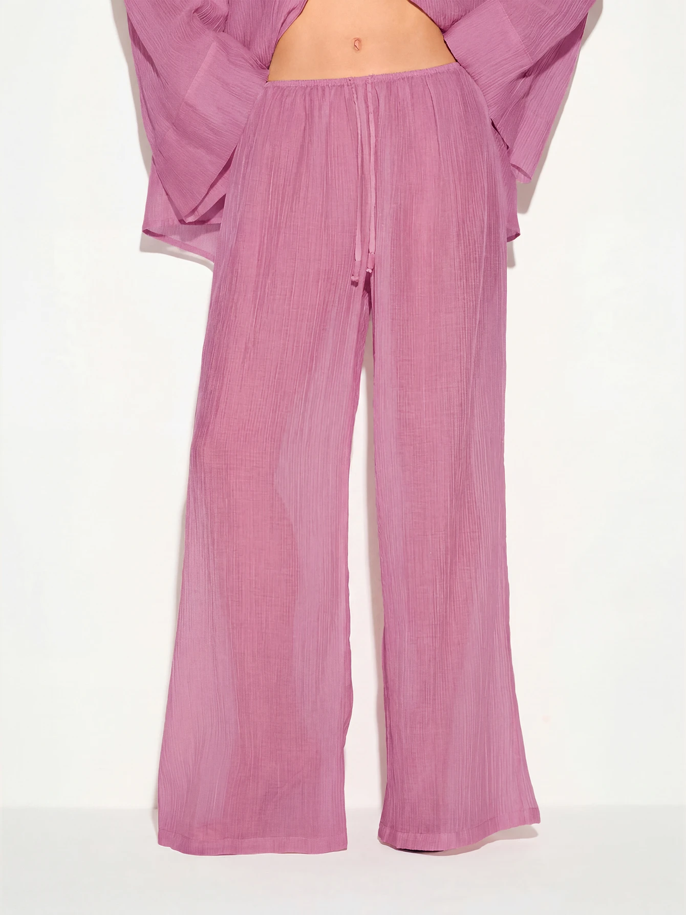 KIZN Wide Leg Crinkle Textured Pants With Drawstring