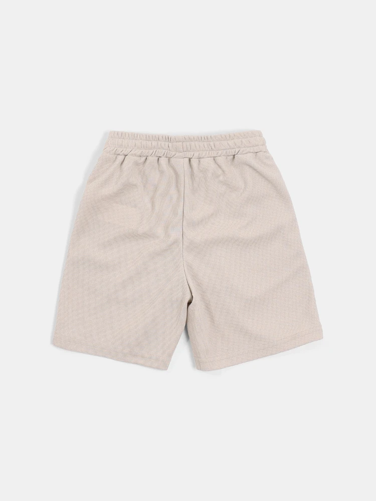 Shorts Denim Casuais de Malha Waffle com Cordão, Bolsos Laterais e Detalhe de Logo Bordado para Primavera Verão