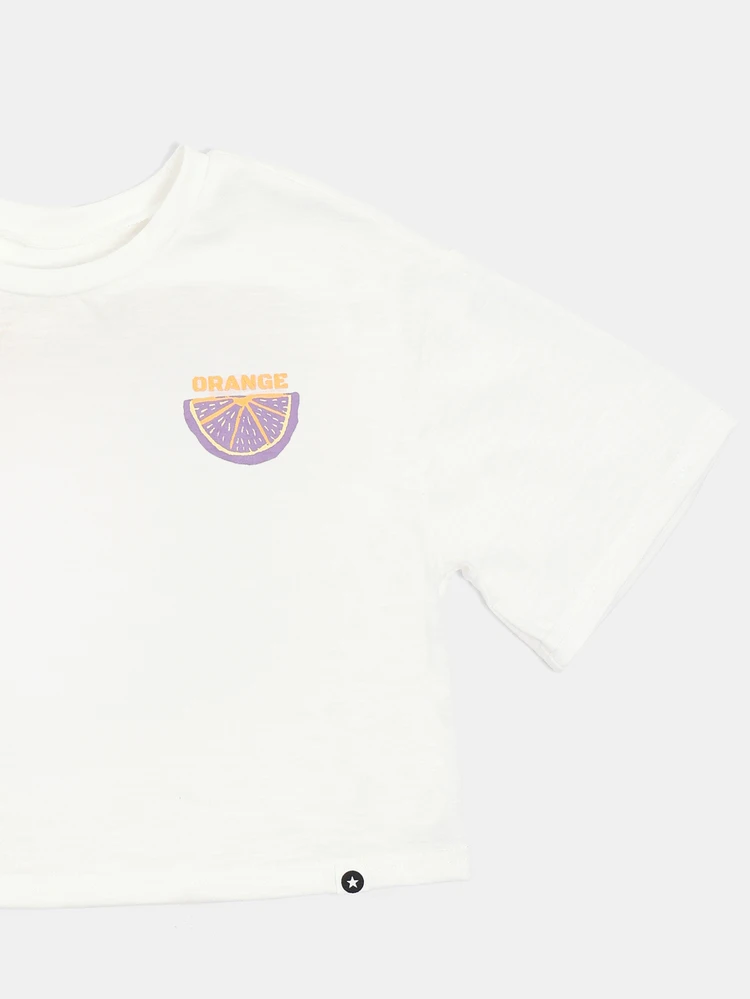 T-shirt court à manches courtes d'été pour jeunes, imprimé d'un motif de tranches d'orange surdimensionné, couleur blanche, style décontracté pour enfants