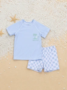 SUMWON Quần bơi mùa hè cho bé trai với họa tiết kẻ caro và hình cây cọ, thích hợp cho kỳ nghỉ biển. - Màu xanh lam - Xem 1