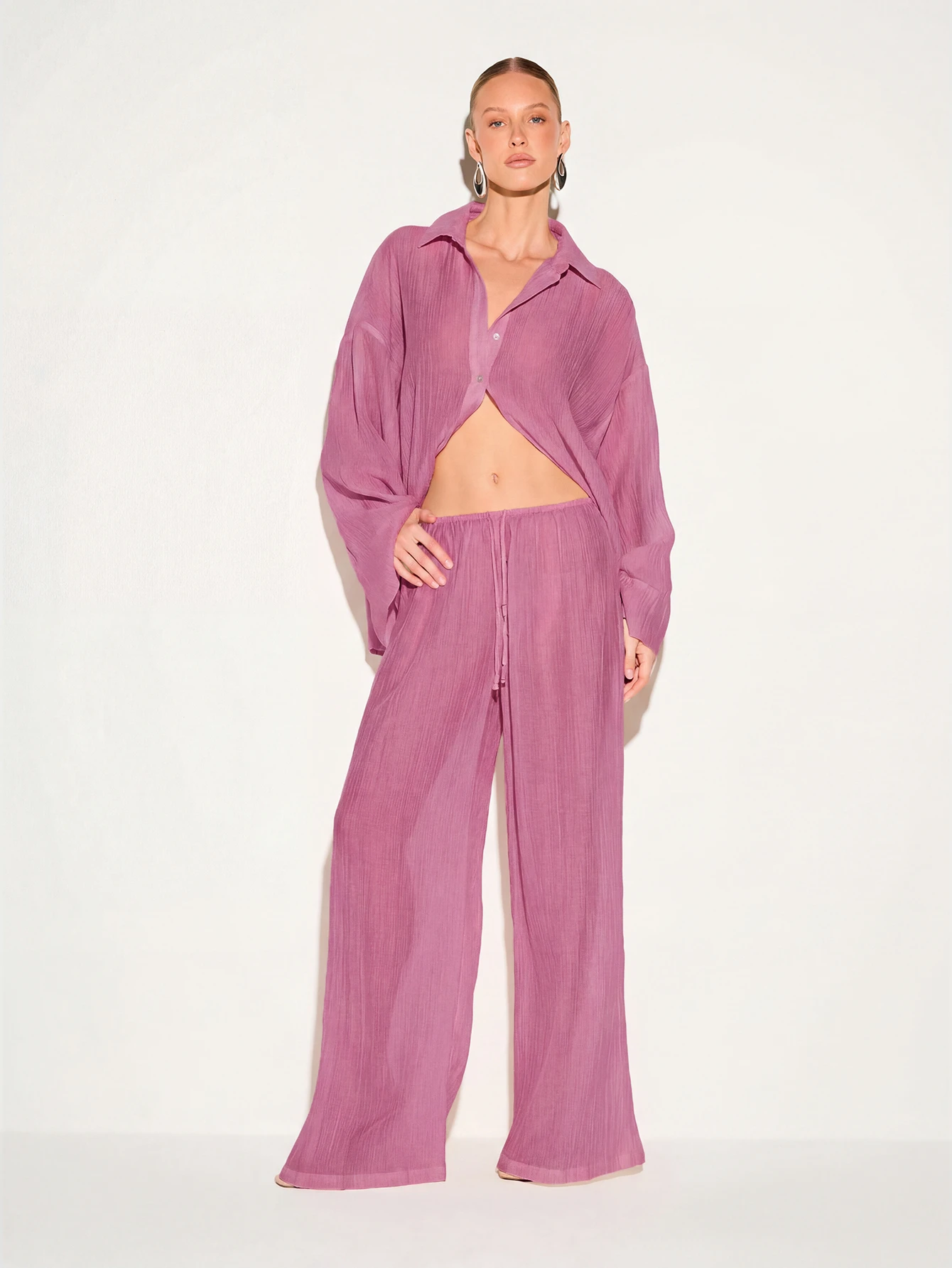 KIZN Wide Leg Crinkle Textured Pants With Drawstring