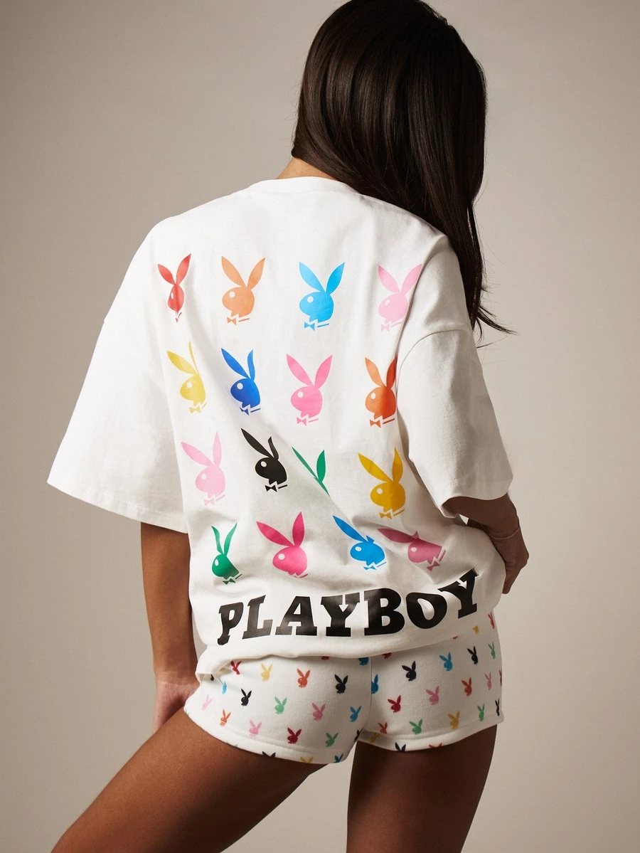 Missguided x Playboy Graphic Oversized Short Sleeve Crew Neck Cotton T-Shirt With Rainbow Bunny Logo Print Design Casual Streetwear - White - View 1