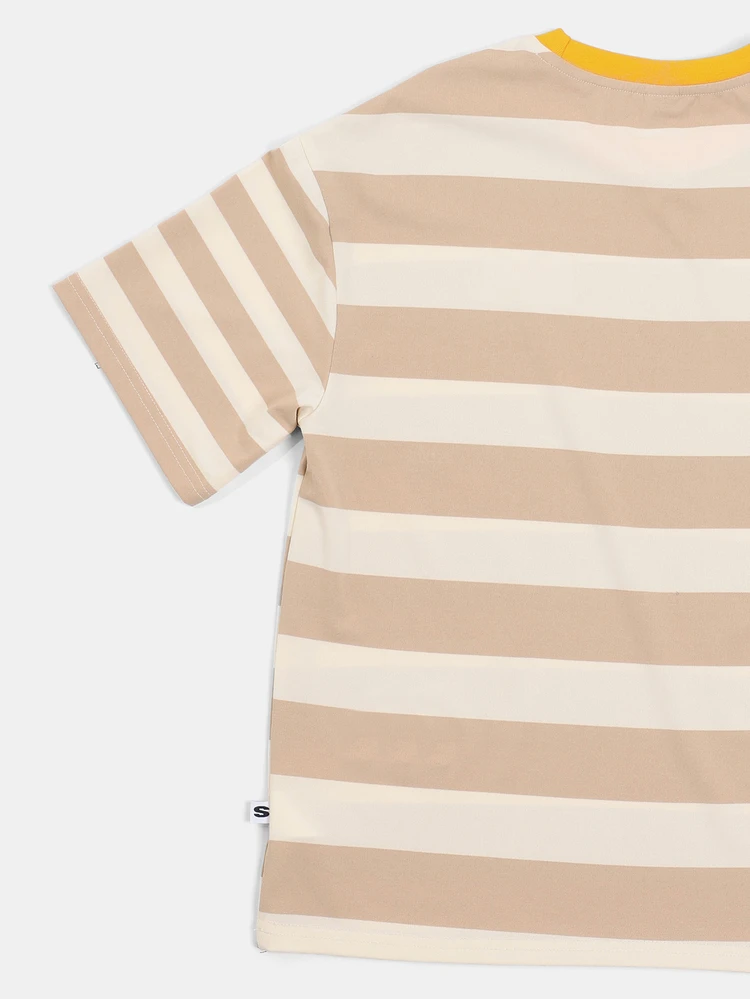 Boys Casual Striped Short Sleeve Crew Neck T-Shirt With Yellow Contrast Trim Regular Fit Tee