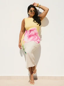FASHION SZN Rochie lungă din plasă elastică, fără mâneci, cu imprimeu floral, mărime plus, elegantă și chic, pentru invitați de nuntă, rochie de zi cu zi, pentru sărbători, ocazii speciale, rochie lungă cu imprimeu, rochie de vară, seară de vară - Galben - Vizualizare 4