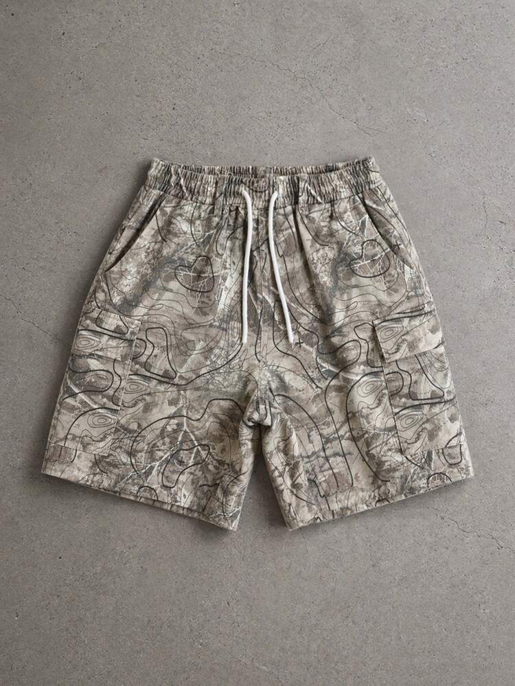 Boys Topographic Map Print Cargo Shorts With Elastic Waistband And White Drawstring Casual Summer Comfort Wear