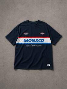 SUMWON Áo thun cổ tròn tay ngắn dáng rộng cho bé trai của đội đua Monaco Racing Team, in hình đồ họa "Race Without Limits" (Đua không giới hạn). - Màu xanh hải quân - Xem 1