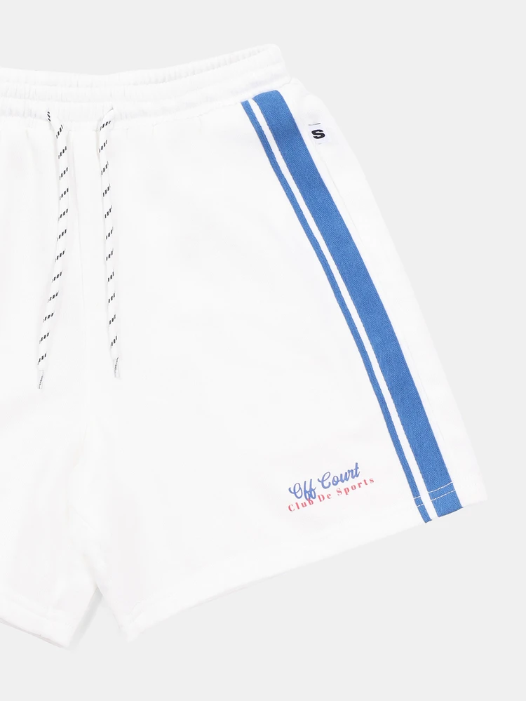 Boys White Short Sleeve Crew Neck T-Shirt And Drawstring Shorts Co-Ord Set With Blue Contrast Trim And Embroidered Text Logo