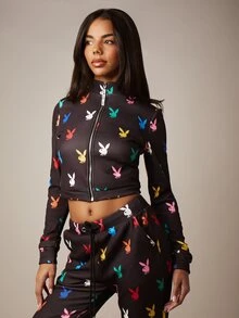 Missguided x Playboy 兔子彩虹印花全拉链连帽衫，带抽绳长袖露脐上衣，黑色冬季街头服饰 - 彩色 - 查看 1