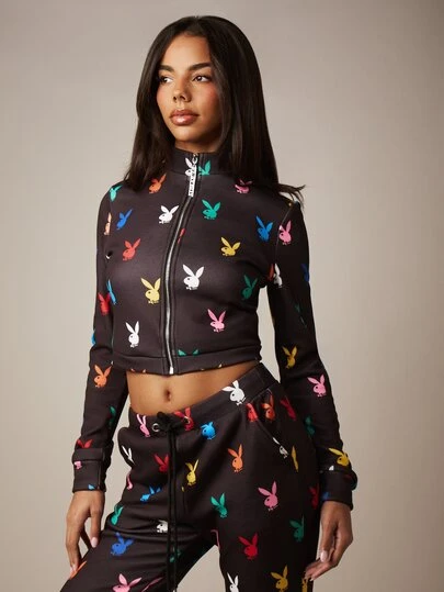 Missguided x Playboy Áo hoodie dài tay in hình thỏ cầu vồng, có dây rút, kiểu croptop, màu đen, phong cách đường phố mùa đông.