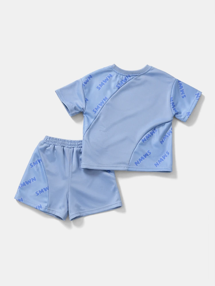 Light Blue Crew Neck Short Sleeve T-Shirt And Matching Shorts Co-Ord Set With All Over Brand Print For Boys Summer Casual Wear
