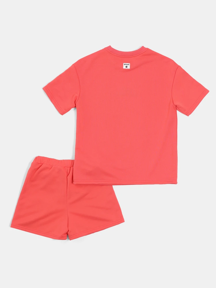 Oversized korallrosa T-Shirt und Shorts Co-Ord Set mit Textdruck, Kurzarm Rundhals Sommer Casual Outfit