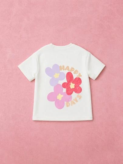 SUMWON Girls Happy Days Floral Graphic Crew Neck Short Sleeve T-Shirt White Tee Summer Top