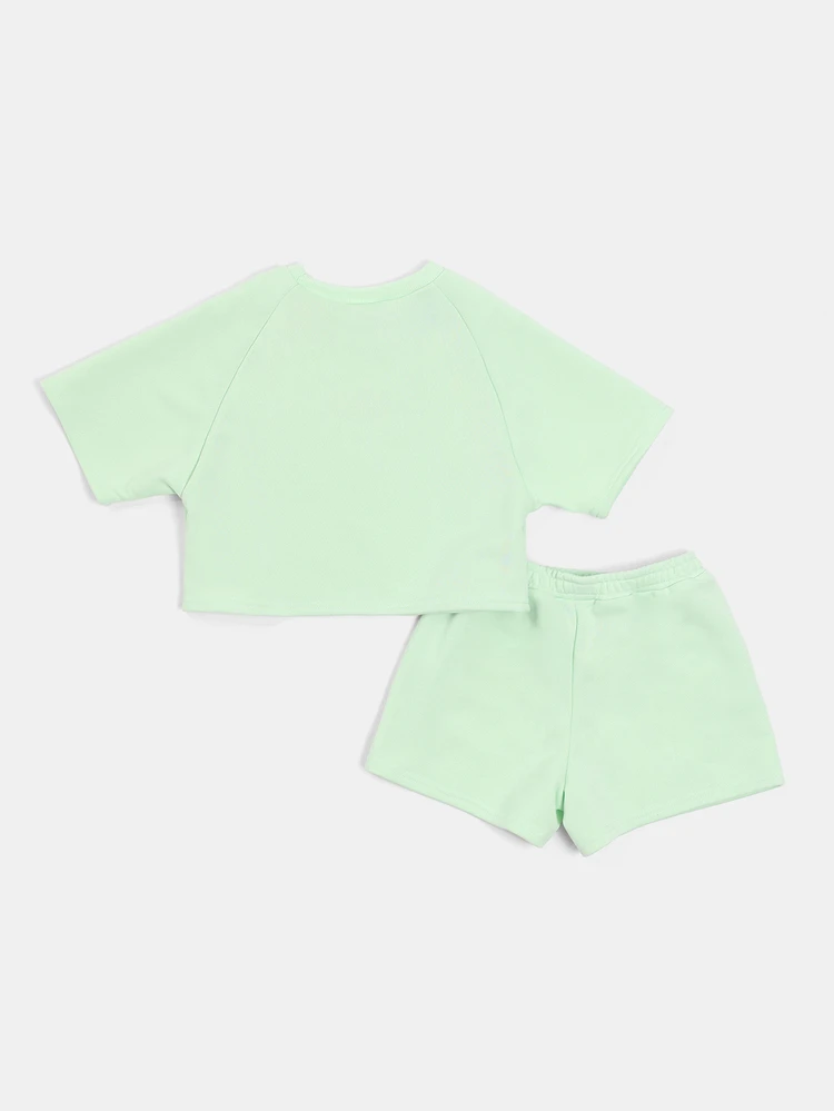 Girls Raglan Sleeve T-Shirt And Shorts Coord Set Summer Outfit Mint Green Pink Logo Embroidered Casual Two Piece Ensemble