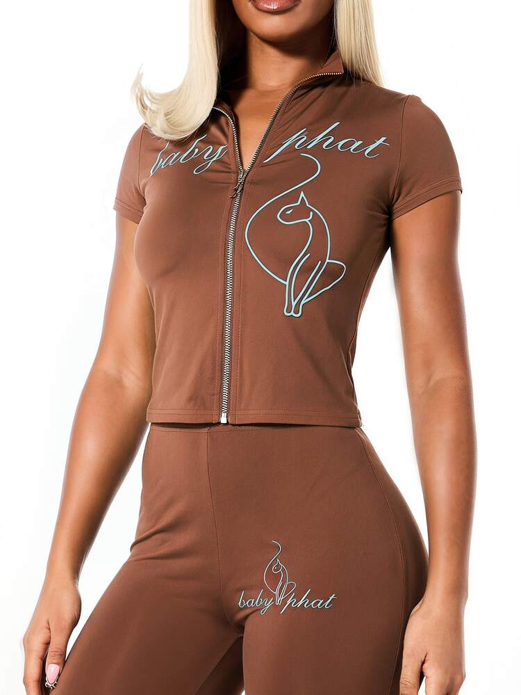 BABYPHAT Short Sleeve High Neck Zip Front Top With Text Graphic Print And Horse Design Jersey Knit Casual