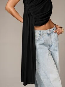 AiiRZ Asymmetric Draped Detail Halter Top With Ruched Pleating And Elegant Trailing Hem For Evening And Occasions - Black - View 3
