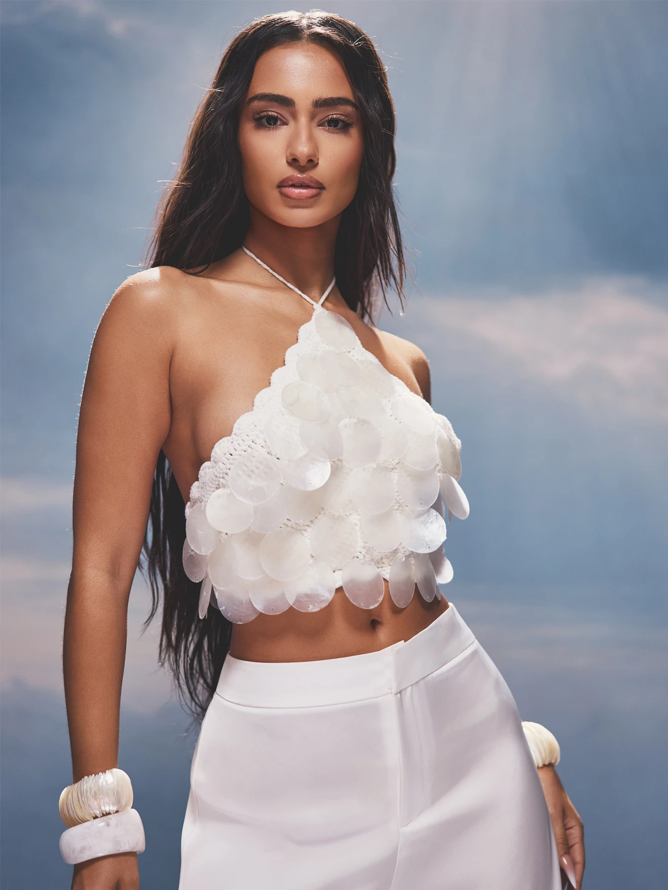 White Halter Crop Top With Scallop Detail