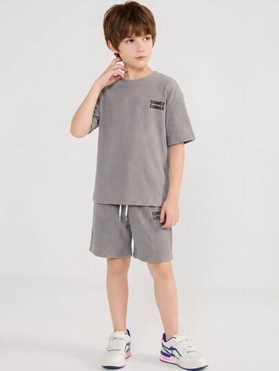 SHEIN Tween Boy Letter Print Round Neck Short Sleeve T-Shirt And Drawstring Waist Shorts Casual Daily Outfit