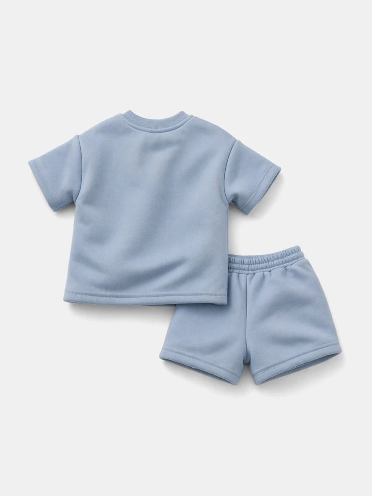Set di maglietta con grafica slogan e pantaloncini per ragazzi, casual estivo, girocollo, maniche corte, due pezzi, set coordinato in maglia a costine, colore azzurro chiaro