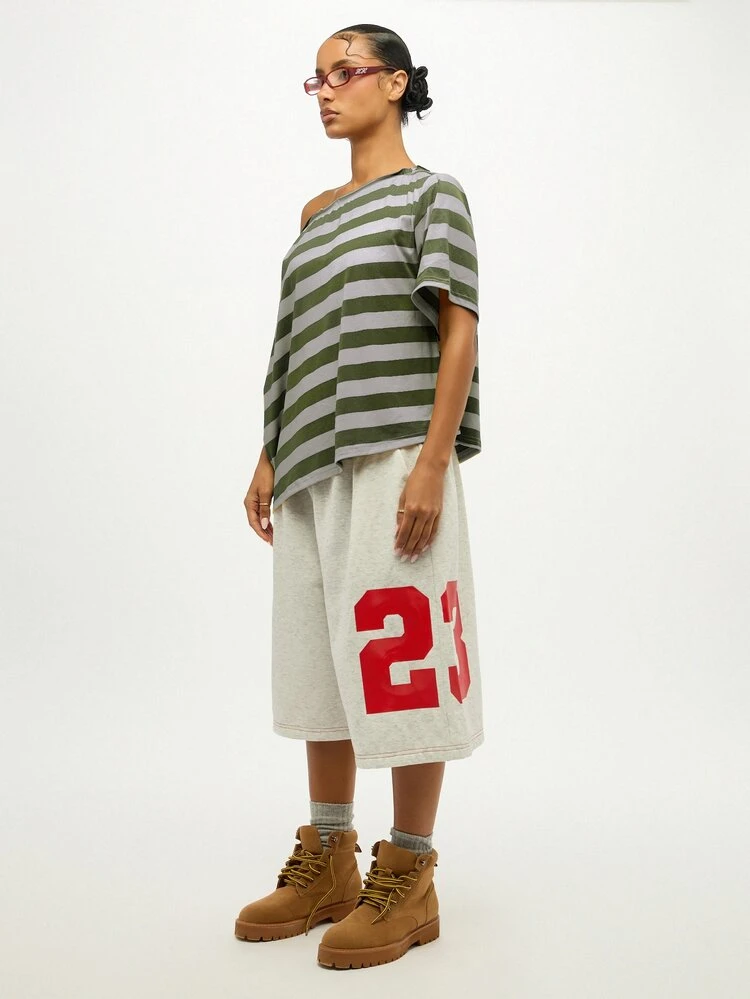 SUMWON WOMEN Striped Off Shoulder Casual Knot Front Long Sleeve Oversized Relaxed Fit Spring Summer Fashion Top