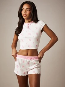Missguided x Playboy Pink Heart Print Ribbed Crop Tee And Elastic Waistband Shorts Pajama Set With Rounded Neckline Short Sleeves - Multicolor - View 1