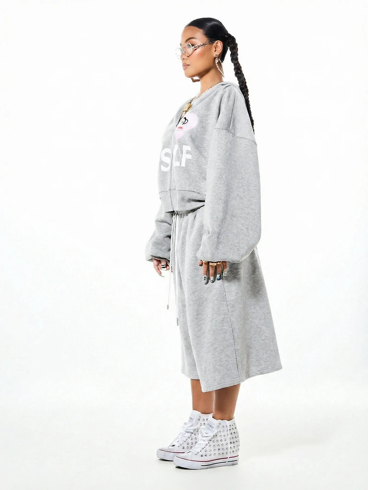 SUMWON X PAUL FRANK SUMWON WOMEN Monkey Graphic Wide Leg Fleece Shorts With Drawstring Waist And Bold Back Print