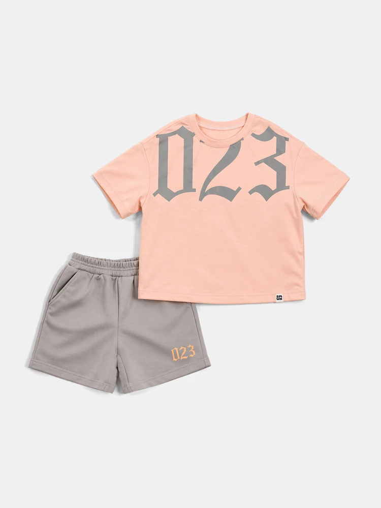 Oversized Peach T-Shirt And Grey Shorts Co-Ord Set With Bold 023 Number Print For Boys Summer Casual Wear