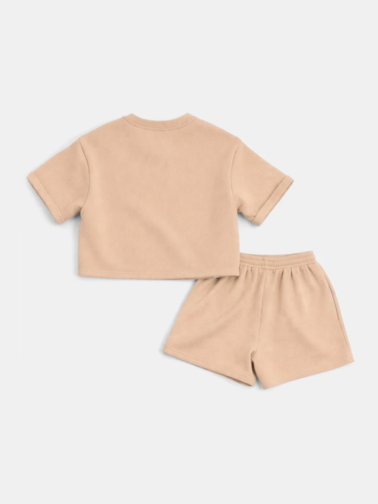Jungen Waffel-Strick Zweiteiler mit kurzärmeliger Crop-Top und Shorts mit Gummibund, Sommer Lässig Co-Ord Outfit