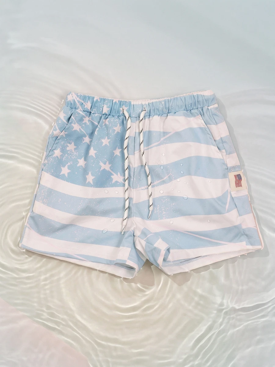 SUMWON Boys American Flag Print Swim Trunks With Elastic Waistband And Drawstring Closure For Summer Beach Swimming Pool , Fourth Of July - Blue - View 1