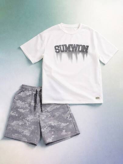 SUMWON 男童夏季T恤短裤套装，SUMWIN印花图案设计，休闲日常穿着