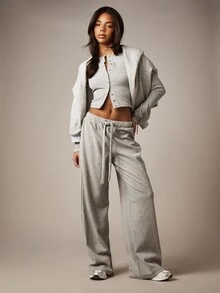 MISSGUIDED Bộ đồ mặc nhà thoải mái gồm áo khoác cardigan dài tay dáng ngắn và quần ống rộng, kiểu dáng giản dị, gồm hai mảnh, thích hợp cho những dịp đặc biệt. - Màu Xám nhạt - Xem 1