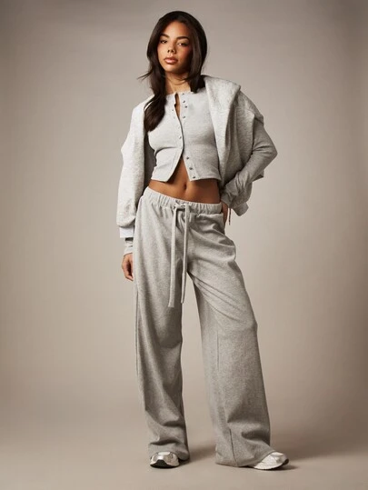 MISSGUIDED Ribbed Long Sleeve Crop Cardigan With Wide Leg Trouser Lounge Set Comfort Wear Casual Home Outfit Cozy Two Piece Set